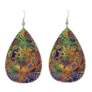 Boho Leather Colorful Mosaic Teardrop Earrings